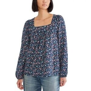 Lucky Brand Floral Square Neck Long Sleeve Peasant Blouse Cottagecore -‎ Size XL